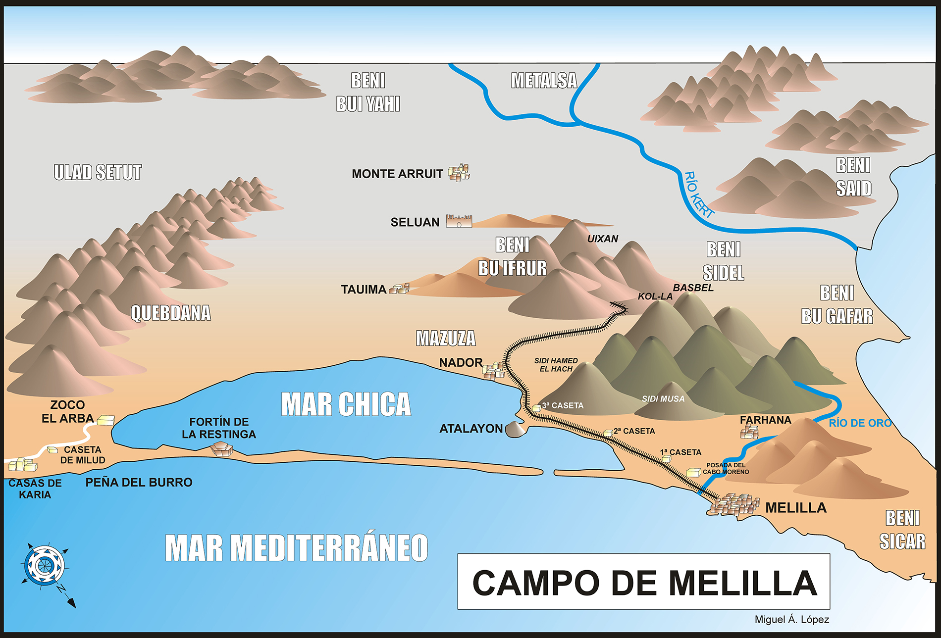 Mapa que muestra el campo de Melilla. Zona marroquí cercana a la ciudad de 1920