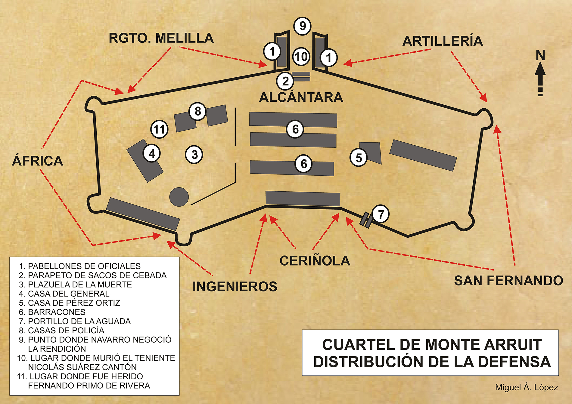 Mapa que muestra la distribución de la defensa en el cuartel de Monte Arruit